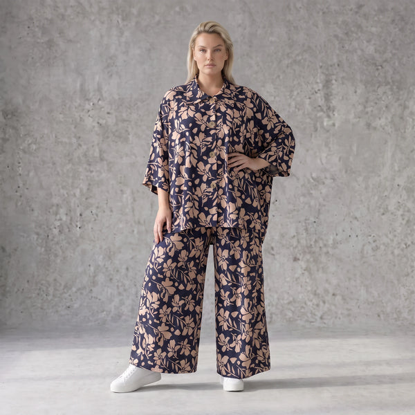 Damen Hose Avantgarde Viskose Marine/Rose, Ballonschnitt, Elastikbund, Oversize große Größen – AKH Fashion