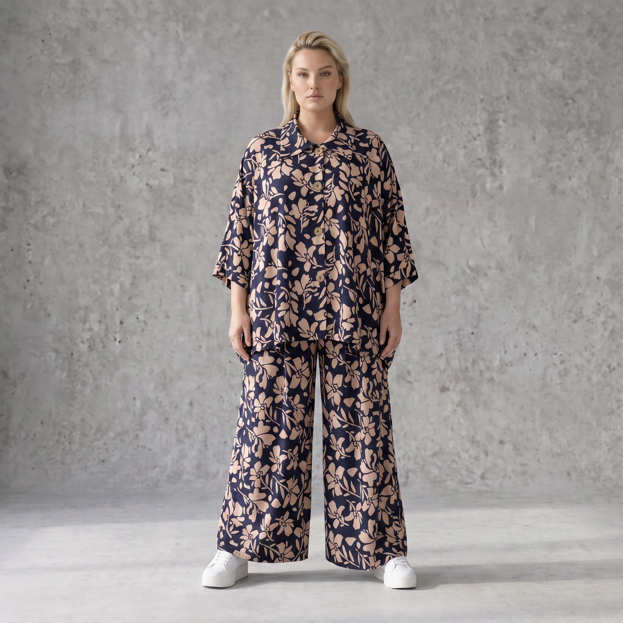 Damen Hose Avantgarde Viskose Marine/Rose, Ballonschnitt, Elastikbund, Oversize große Größen – AKH Fashion