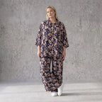 Damen Hose Avantgarde Viskose Marine/Rose, Ballonschnitt, Elastikbund, Oversize große Größen – AKH Fashion