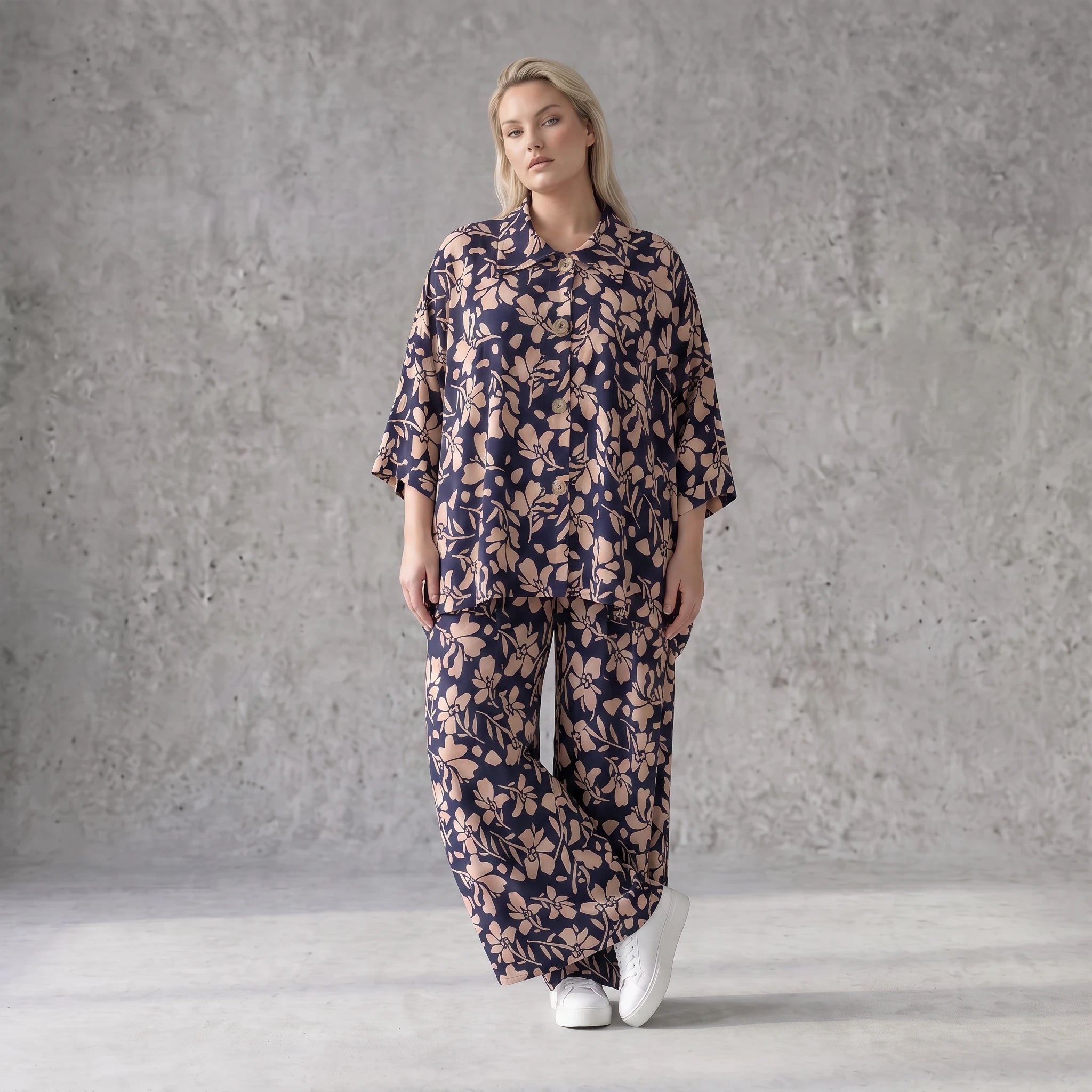 Damen Hose Avantgarde Viskose Marine/Rose, Ballonschnitt, Elastikbund, Oversize große Größen – AKH Fashion