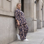 Damen Hose Avantgarde Viskose Marine/Rose, Ballonschnitt, Elastikbund, Oversize große Größen – AKH Fashion