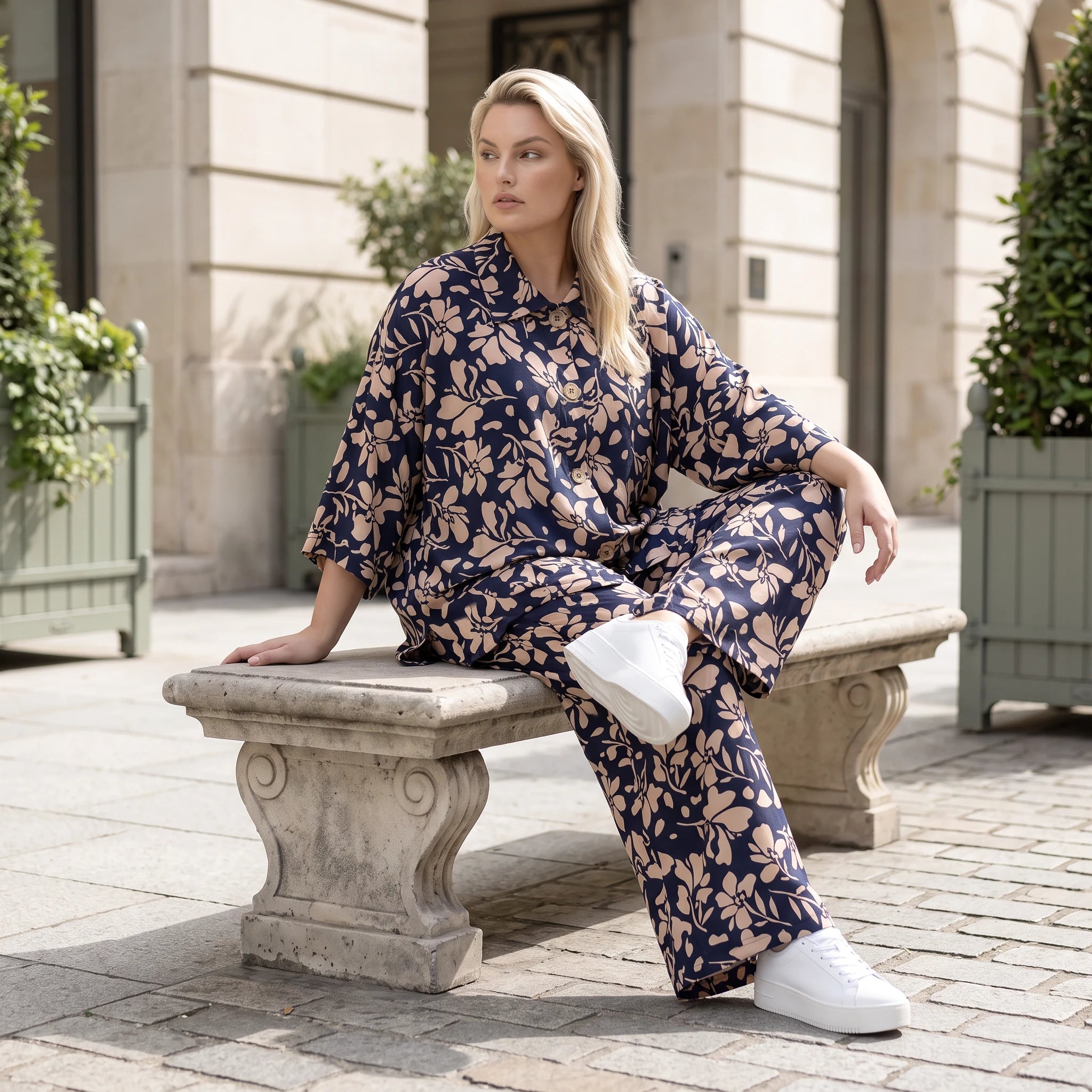 Damen Hose Avantgarde Viskose Marine/Rose, Ballonschnitt, Elastikbund, Oversize große Größen – AKH Fashion