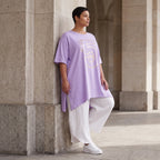 Damen Shirt Avantgarde Baumwolle Lila/Gold, A-Linie, Kurzarm, Schlitze, Oversize große Größen – Funky Diva