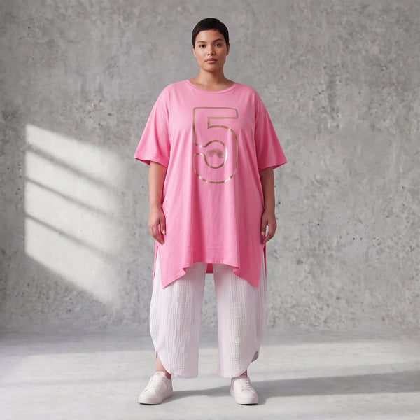 Damen Shirt Avantgarde Baumwolle Rosa/Gold, A-Linie, Kurzarm, Schlitze, Oversize große Größen – Funky Diva