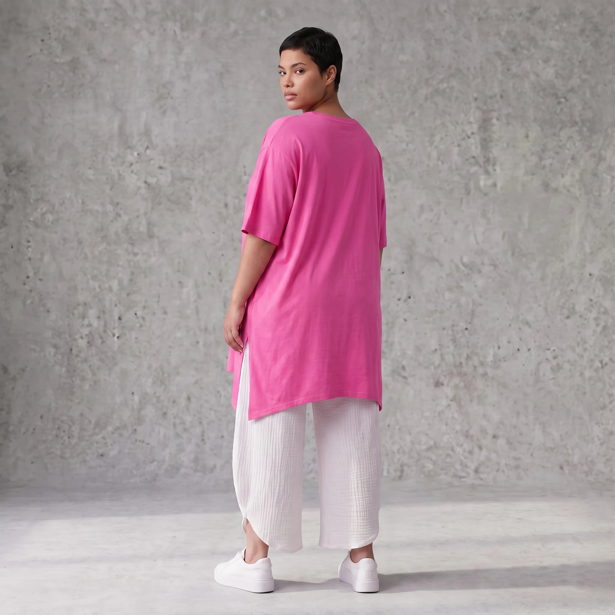 Damen Shirt Avantgarde Baumwolle Pink, A-Linie, Kurzarm, Schlitze, Oversize große Größen – Funky Diva