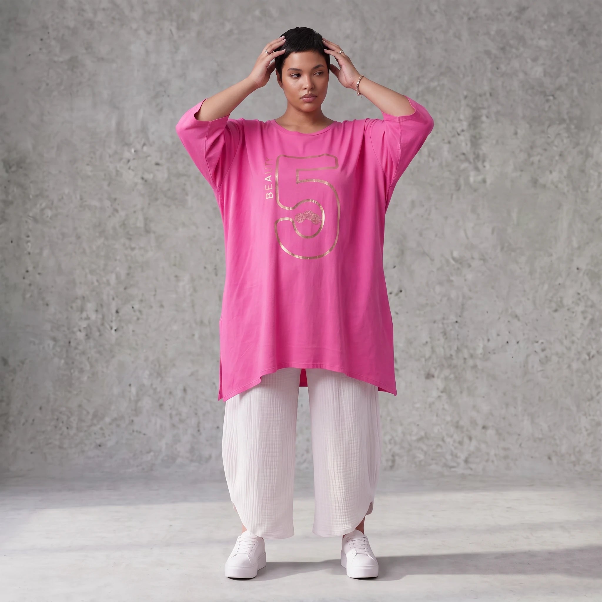 Damen Shirt Avantgarde Baumwolle Pink, A-Linie, Kurzarm, Schlitze, Oversize große Größen – Funky Diva