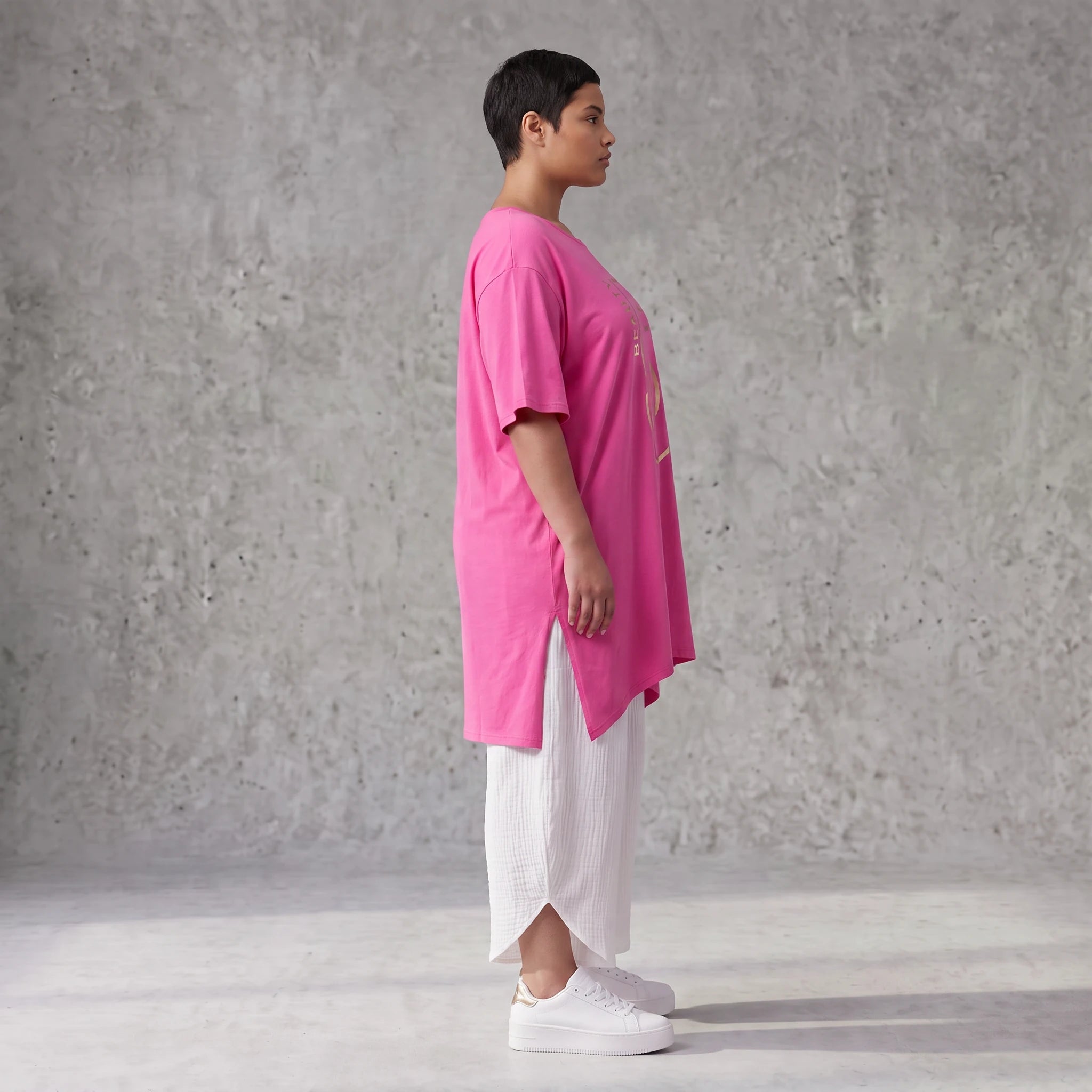 Damen Shirt Avantgarde Baumwolle Pink, A-Linie, Kurzarm, Schlitze, Oversize große Größen – Funky Diva