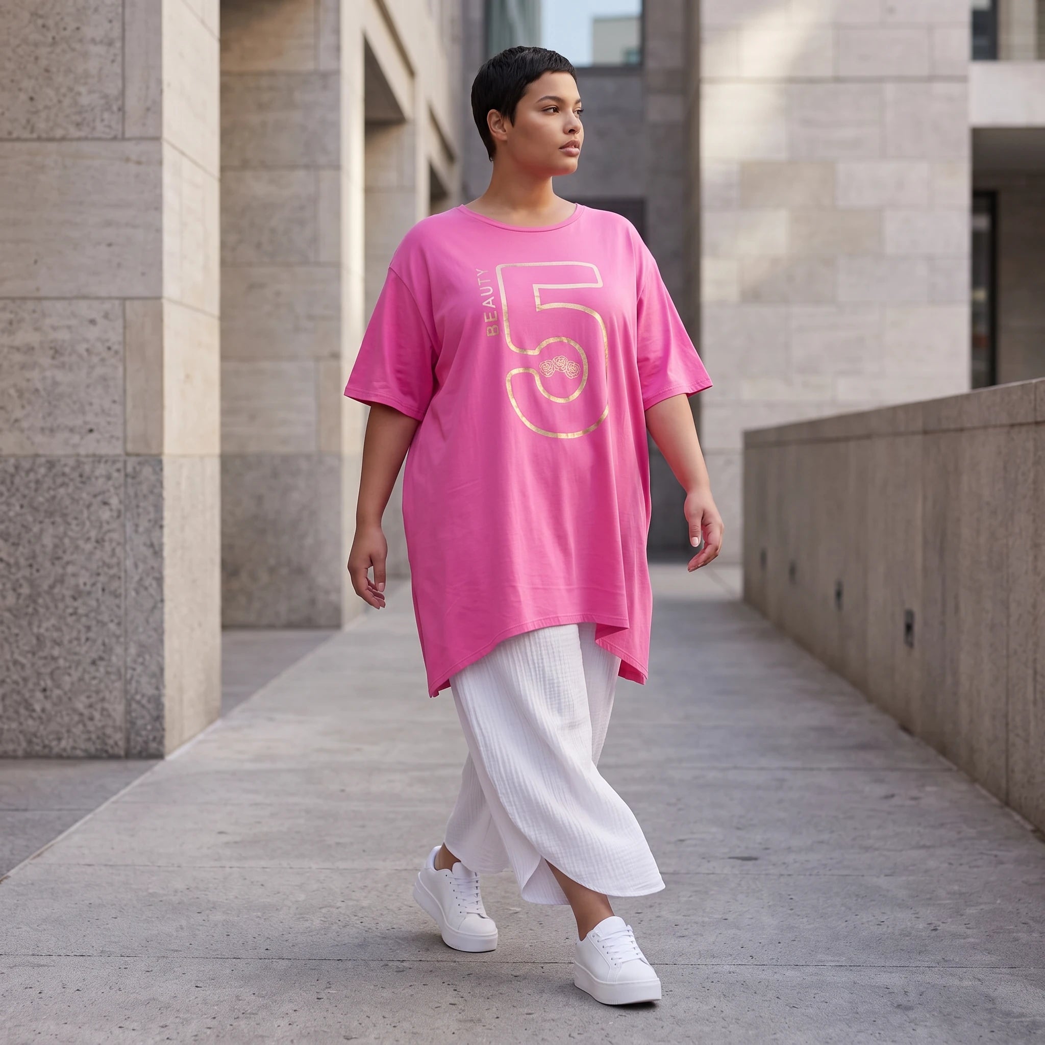 Damen Shirt Avantgarde Baumwolle Pink, A-Linie, Kurzarm, Schlitze, Oversize große Größen – Funky Diva
