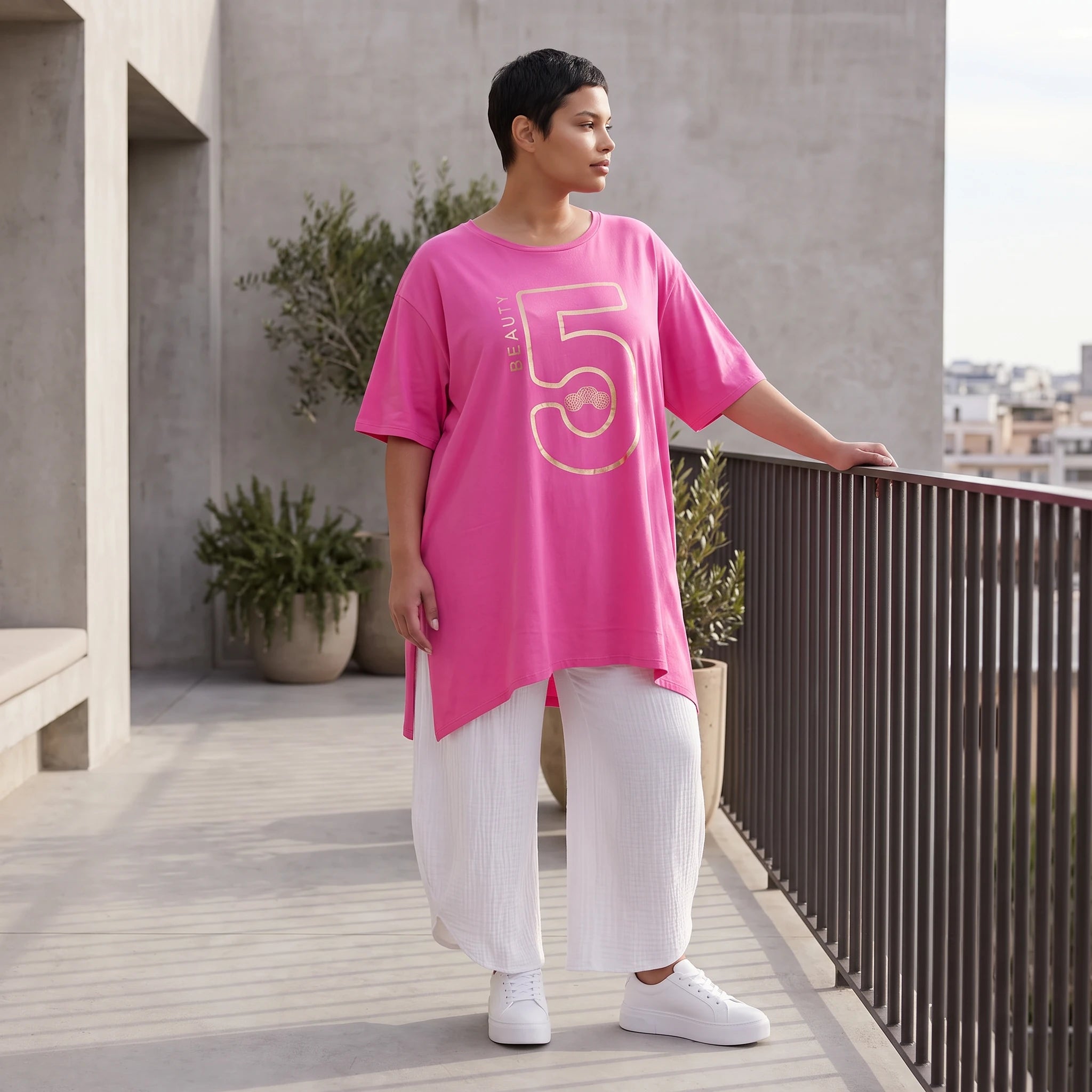 Damen Shirt Avantgarde Baumwolle Pink, A-Linie, Kurzarm, Schlitze, Oversize große Größen – Funky Diva