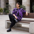 Damen Shirt Avantgarde Baumwolle Violett/Schwarz, A-Form, Kurzarm, Seitenschlitze, Oversize große Größen – Funky Diva