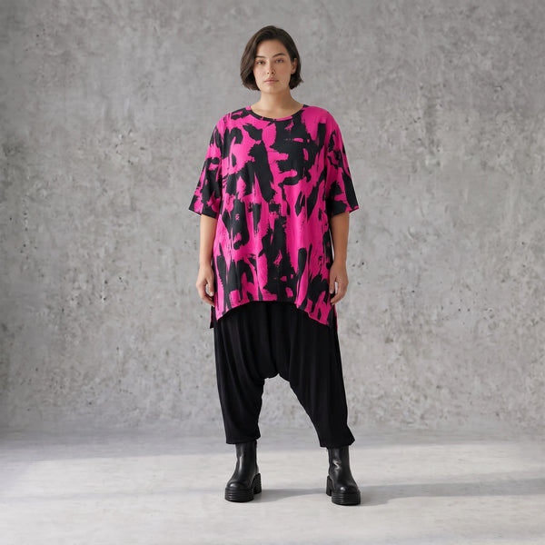 Damen Shirt Avantgarde Baumwolle Pink/Schwarz, A-Form, Kurzarm, Seitenschlitze, Oversize große Größen – Funky Diva