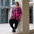 Damen Shirt Avantgarde Baumwolle Pink/Schwarz, A-Form, Kurzarm, Seitenschlitze, Oversize große Größen – Funky Diva