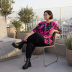 Damen Shirt Avantgarde Baumwolle Pink/Schwarz, A-Form, Kurzarm, Seitenschlitze, Oversize große Größen – Funky Diva
