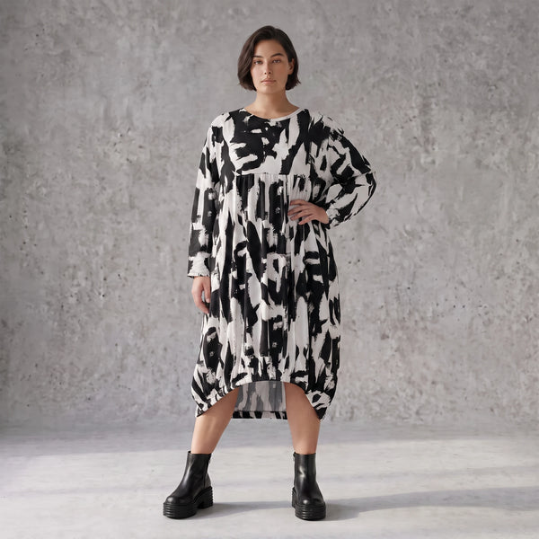 Damen Kleid Avantgarde Baumwolle Schwarz/Weiß, Ballonschnitt, Elastikbund, Oversize große Größen – Funky Diva