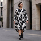 Damen Kleid Avantgarde Baumwolle Schwarz/Weiß, Ballonschnitt, Elastikbund, Oversize große Größen – Funky Diva