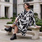 Damen Kleid Avantgarde Baumwolle Schwarz/Weiß, Ballonschnitt, Elastikbund, Oversize große Größen – Funky Diva