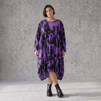 Damen Kleid Avantgarde Baumwolle Schwarz/Violett, Ballonschnitt, Langarm, Flügeltaschen, Oversize große Größen – Funky Diva