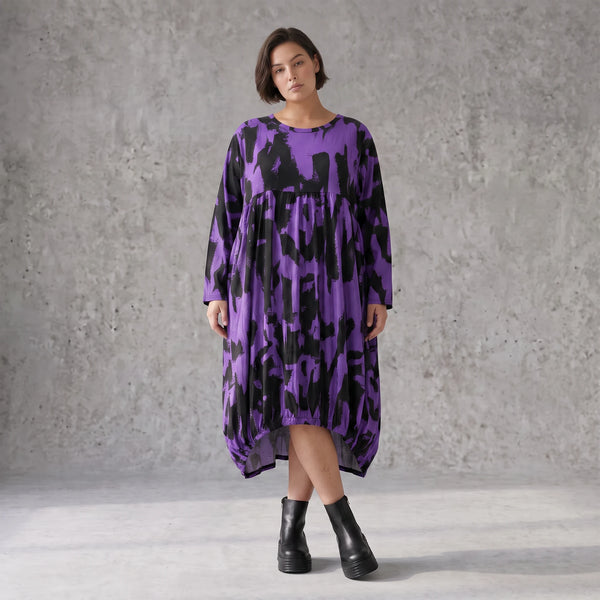 Damen Kleid Avantgarde Baumwolle Schwarz/Violett, Ballonschnitt, Langarm, Flügeltaschen, Oversize große Größen – Funky Diva