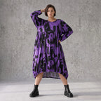 Damen Kleid Avantgarde Baumwolle Schwarz/Violett, Ballonschnitt, Langarm, Flügeltaschen, Oversize große Größen – Funky Diva