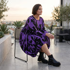 Damen Kleid Avantgarde Baumwolle Schwarz/Violett, Ballonschnitt, Langarm, Flügeltaschen, Oversize große Größen – Funky Diva