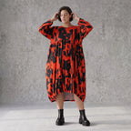 Damen Kleid Avantgarde Baumwolle Rot/Schwarz, Ballonschnitt, Flügeltaschen, Oversize große Größen – Funky Diva