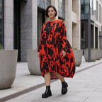Damen Kleid Avantgarde Baumwolle Rot/Schwarz, Ballonschnitt, Flügeltaschen, Oversize große Größen – Funky Diva