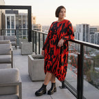 Damen Kleid Avantgarde Baumwolle Rot/Schwarz, Ballonschnitt, Flügeltaschen, Oversize große Größen – Funky Diva
