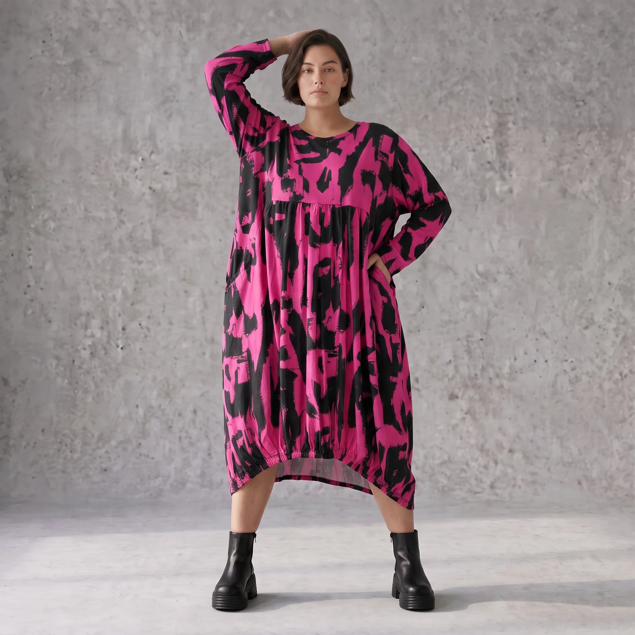 Damen Kleid Avantgarde Baumwolle Pink/Schwarz, Ballonschnitt, Elastikbund, Oversize große Größen – Funky Diva