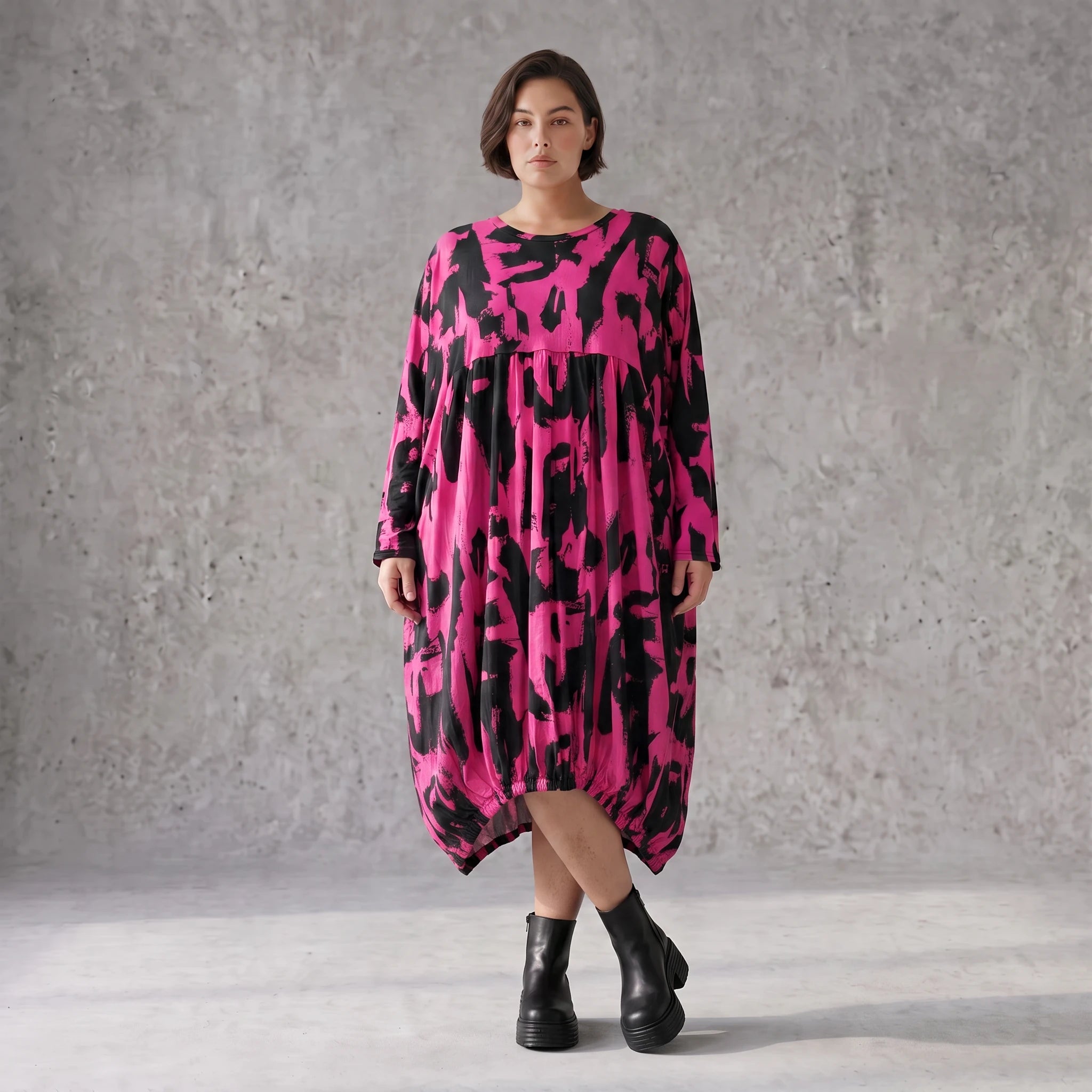 Damen Kleid Avantgarde Baumwolle Pink/Schwarz, Ballonschnitt, Elastikbund, Oversize große Größen – Funky Diva