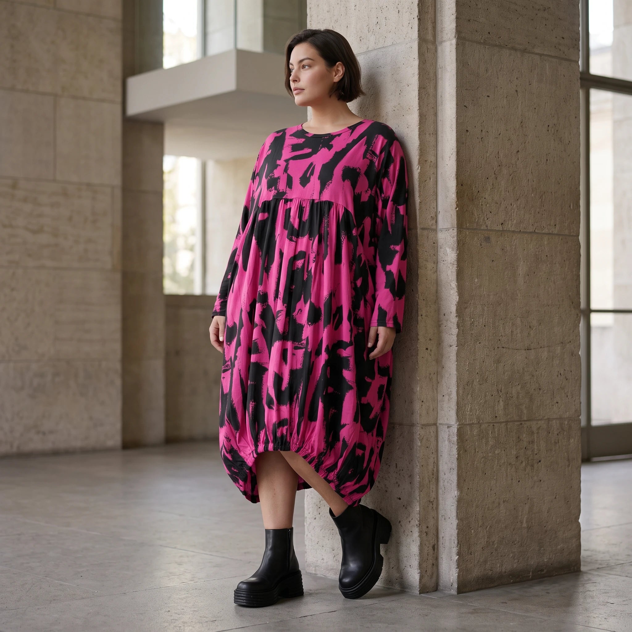 Damen Kleid Avantgarde Baumwolle Pink/Schwarz, Ballonschnitt, Elastikbund, Oversize große Größen – Funky Diva