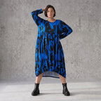 Damen Kleid Avantgarde Baumwolle Blau/Schwarz, Ballonschnitt, Flügeltaschen, Oversize große Größen – Funky Diva