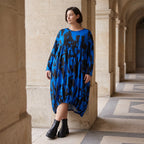 Damen Kleid Avantgarde Baumwolle Blau/Schwarz, Ballonschnitt, Flügeltaschen, Oversize große Größen – Funky Diva