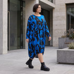 Damen Kleid Avantgarde Baumwolle Blau/Schwarz, Ballonschnitt, Flügeltaschen, Oversize große Größen – Funky Diva
