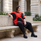 Damen Shirt Avantgarde Baumwolle Rot/Schwarz, A-Form, Punkte, Kurzarm, Seitenschlitze, Oversize große Größen – Funky Diva