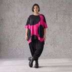 Damen Shirt Avantgarde Baumwolle Pink/Schwarz, A-Form, Punkte, Kurzarm, Seitenschlitze, Oversize große Größen – Funky Diva