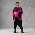 Damen Shirt Avantgarde Baumwolle Pink/Schwarz, A-Form, Punkte, Kurzarm, Seitenschlitze, Oversize große Größen – Funky Diva