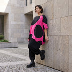 Damen Shirt Avantgarde Baumwolle Pink/Schwarz, A-Form, Punkte, Kurzarm, Seitenschlitze, Oversize große Größen – Funky Diva