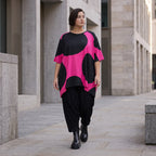 Damen Shirt Avantgarde Baumwolle Pink/Schwarz, A-Form, Punkte, Kurzarm, Seitenschlitze, Oversize große Größen – Funky Diva