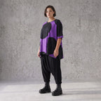 Damen Shirt Avantgarde Baumwolle Lila/Schwarz, A-Form, Kurzarm, Seitenschlitze, Oversize große Größen – Funky Diva