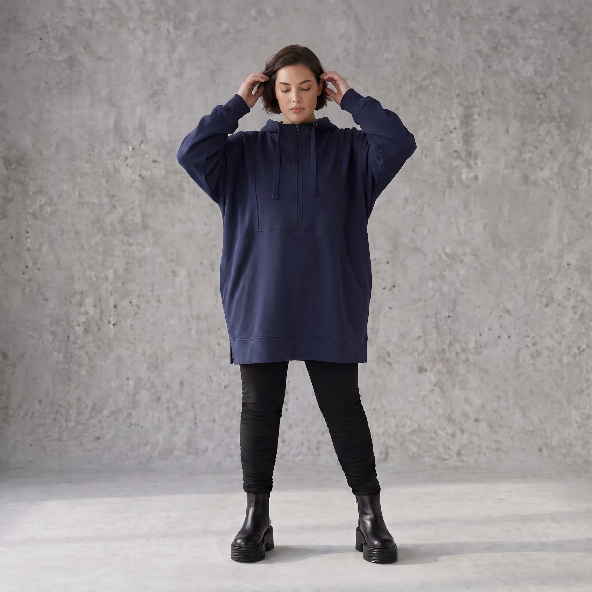 Damen Hoody Avantgarde Baumwolle Blau, gerader Schnitt, Kapuze, Oversize große Größen – Rafay