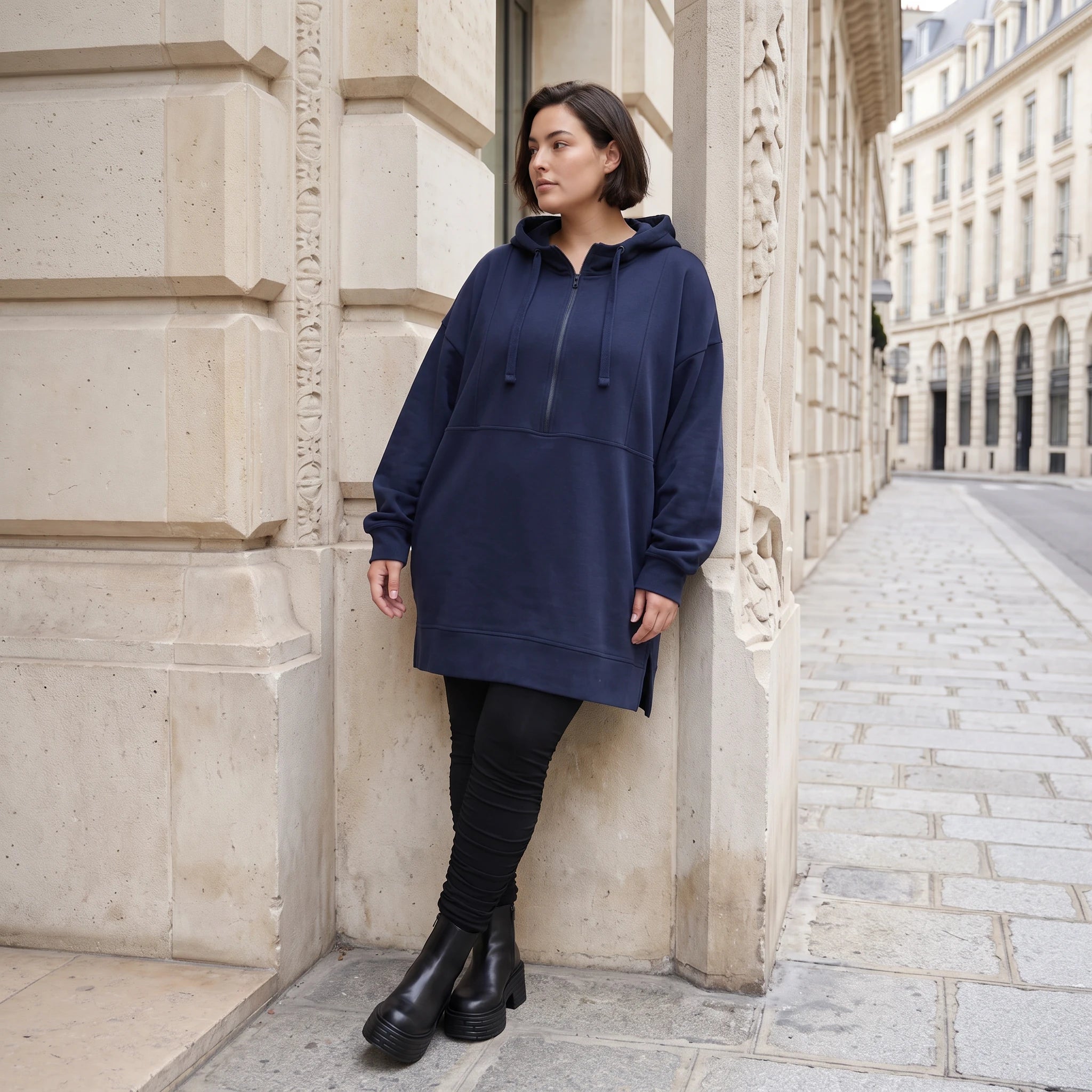 Damen Hoody Avantgarde Baumwolle Blau, gerader Schnitt, Kapuze, Oversize große Größen – Rafay