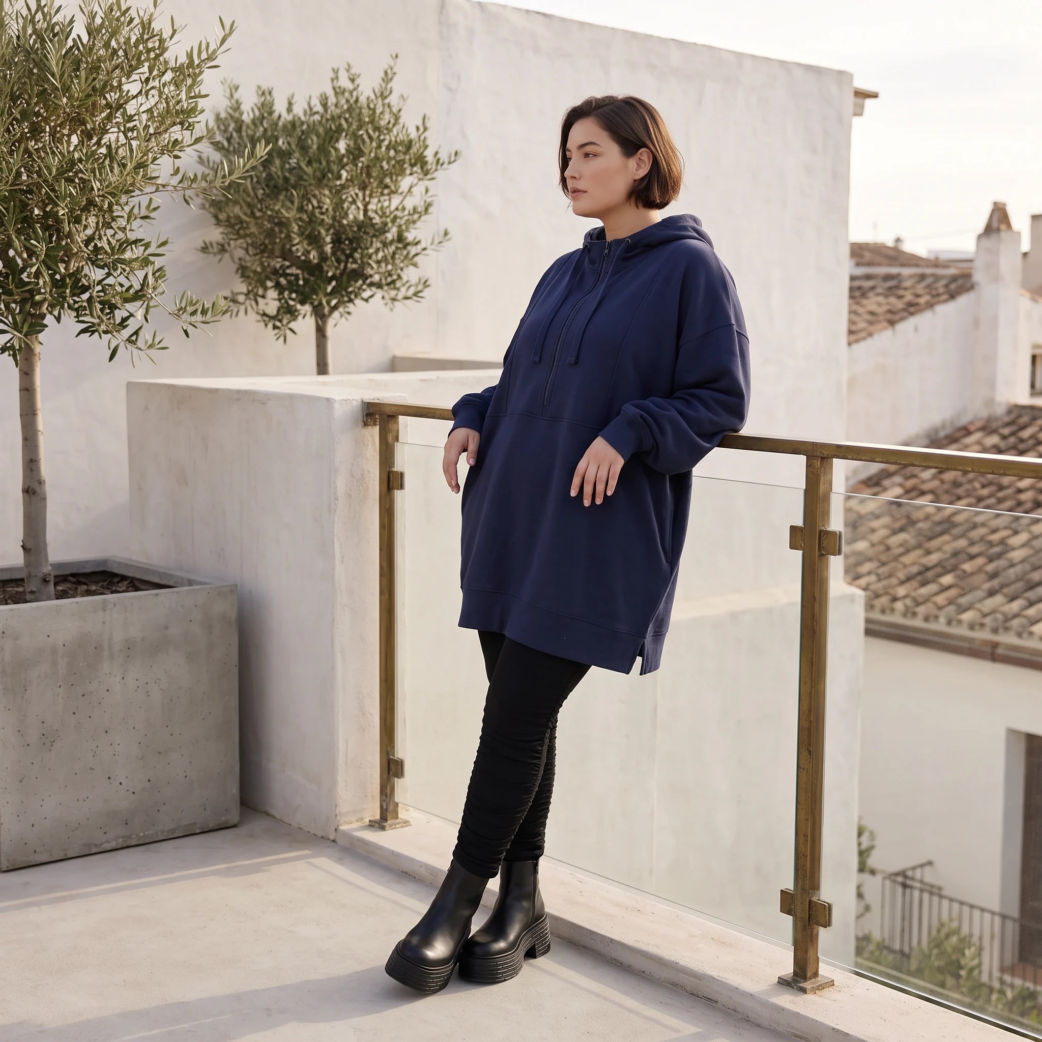 Damen Hoody Avantgarde Baumwolle Blau, gerader Schnitt, Kapuze, Oversize große Größen – Rafay