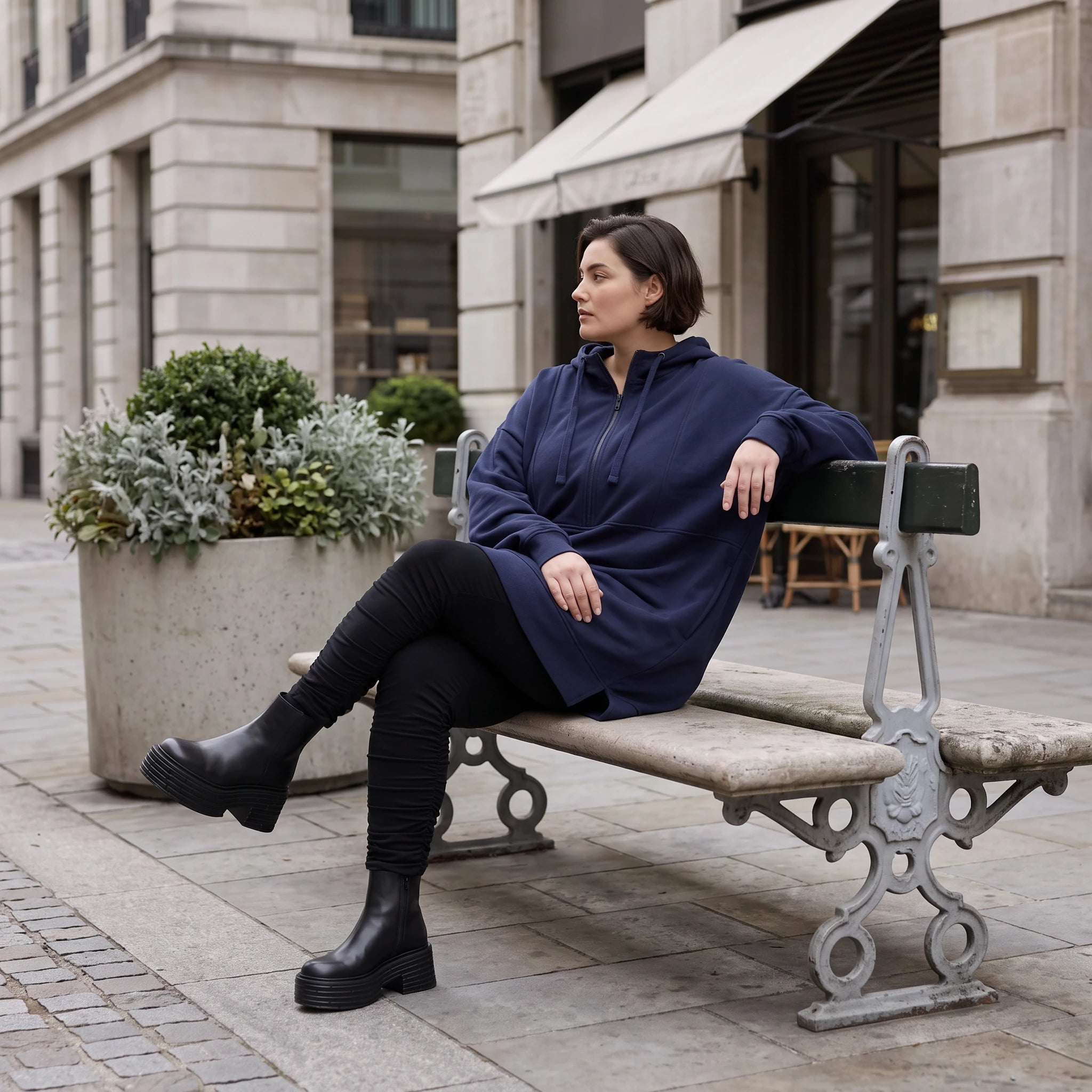 Damen Hoody Avantgarde Baumwolle Blau, gerader Schnitt, Kapuze, Oversize große Größen – Rafay