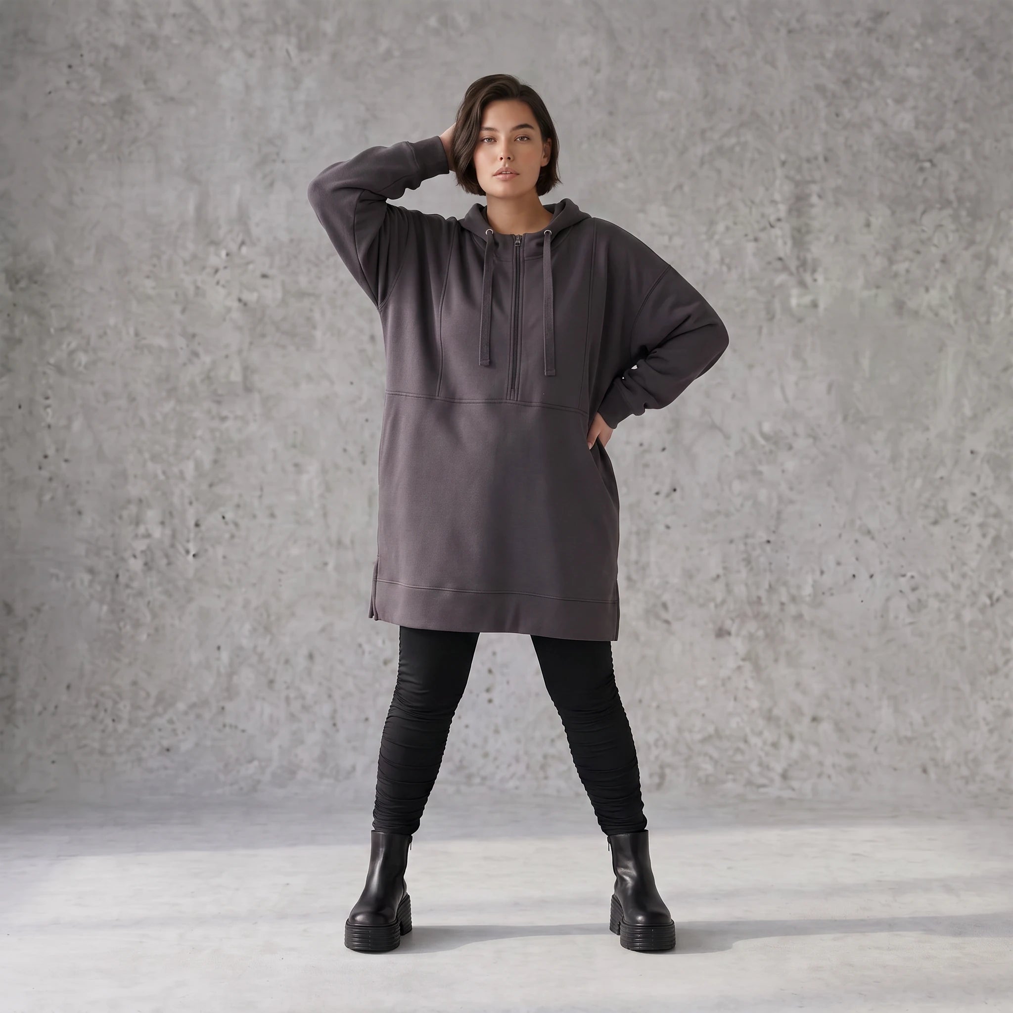 Damen Hoody Avantgarde Baumwolle Anthrazit, gerader Schnitt, Kapuze, Oversize große Größen – Rafay