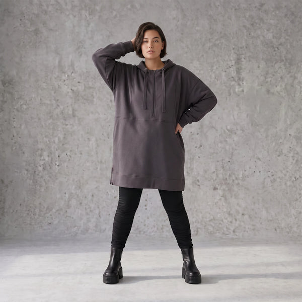 Damen Hoody Avantgarde Baumwolle Anthrazit, gerader Schnitt, Kapuze, Oversize große Größen – Rafay