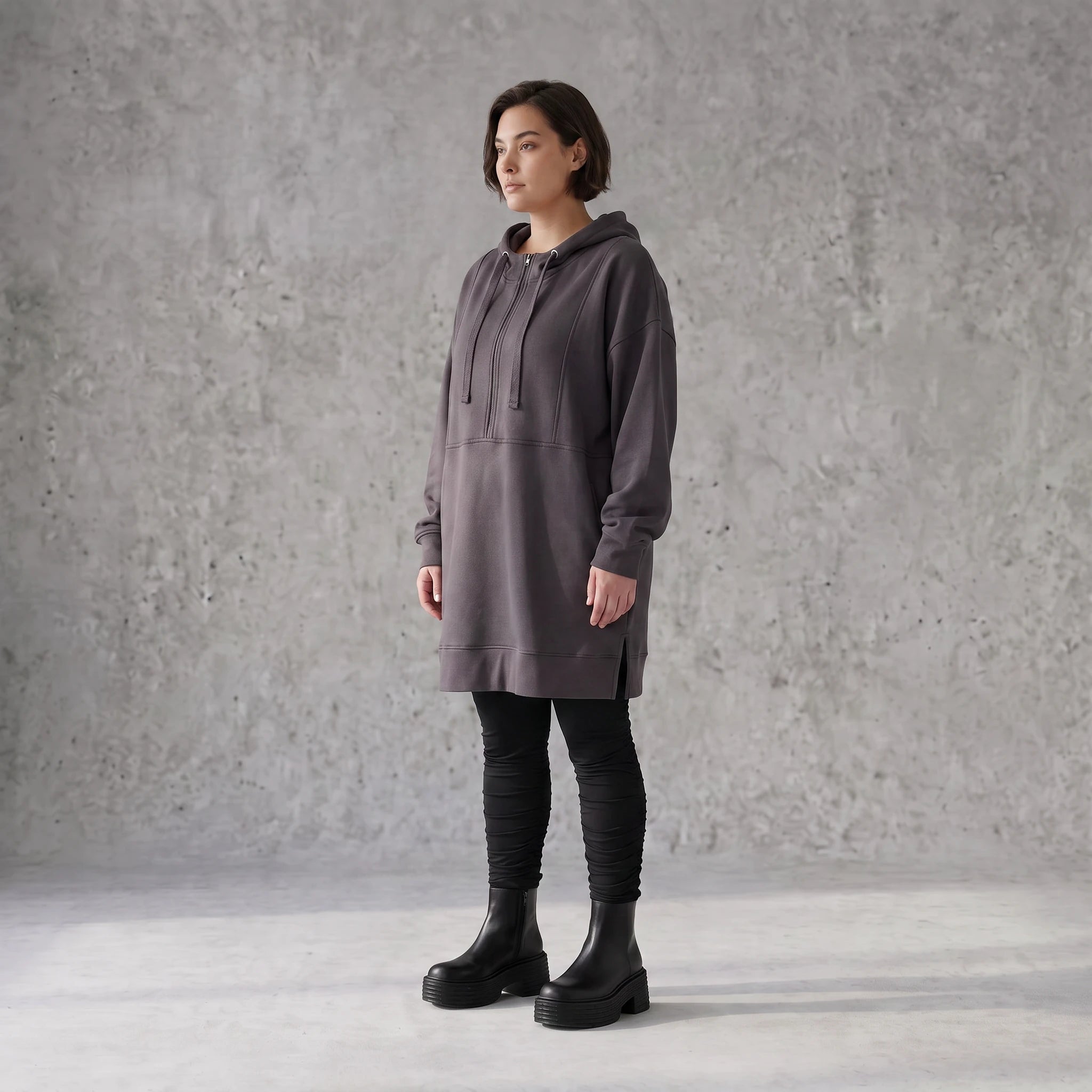 Damen Hoody Avantgarde Baumwolle Anthrazit, gerader Schnitt, Kapuze, Oversize große Größen – Rafay