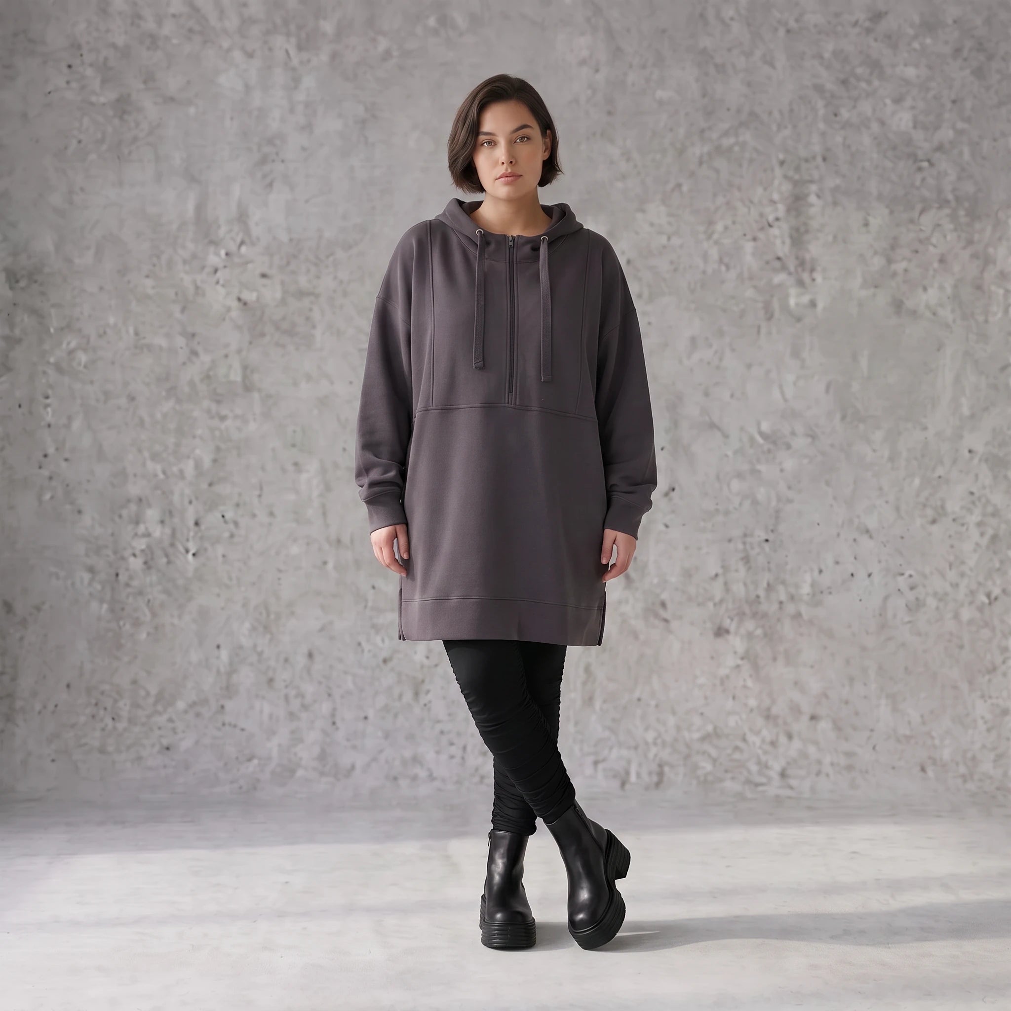 Damen Hoody Avantgarde Baumwolle Anthrazit, gerader Schnitt, Kapuze, Oversize große Größen – Rafay