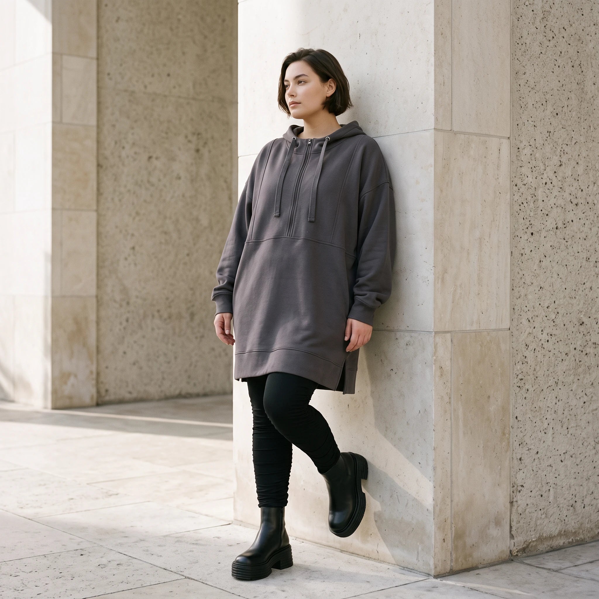 Damen Hoody Avantgarde Baumwolle Anthrazit, gerader Schnitt, Kapuze, Oversize große Größen – Rafay