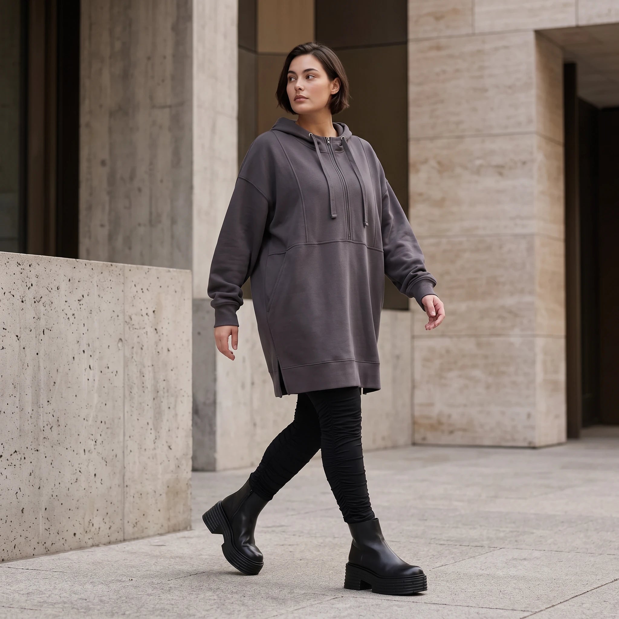 Damen Hoody Avantgarde Baumwolle Anthrazit, gerader Schnitt, Kapuze, Oversize große Größen – Rafay