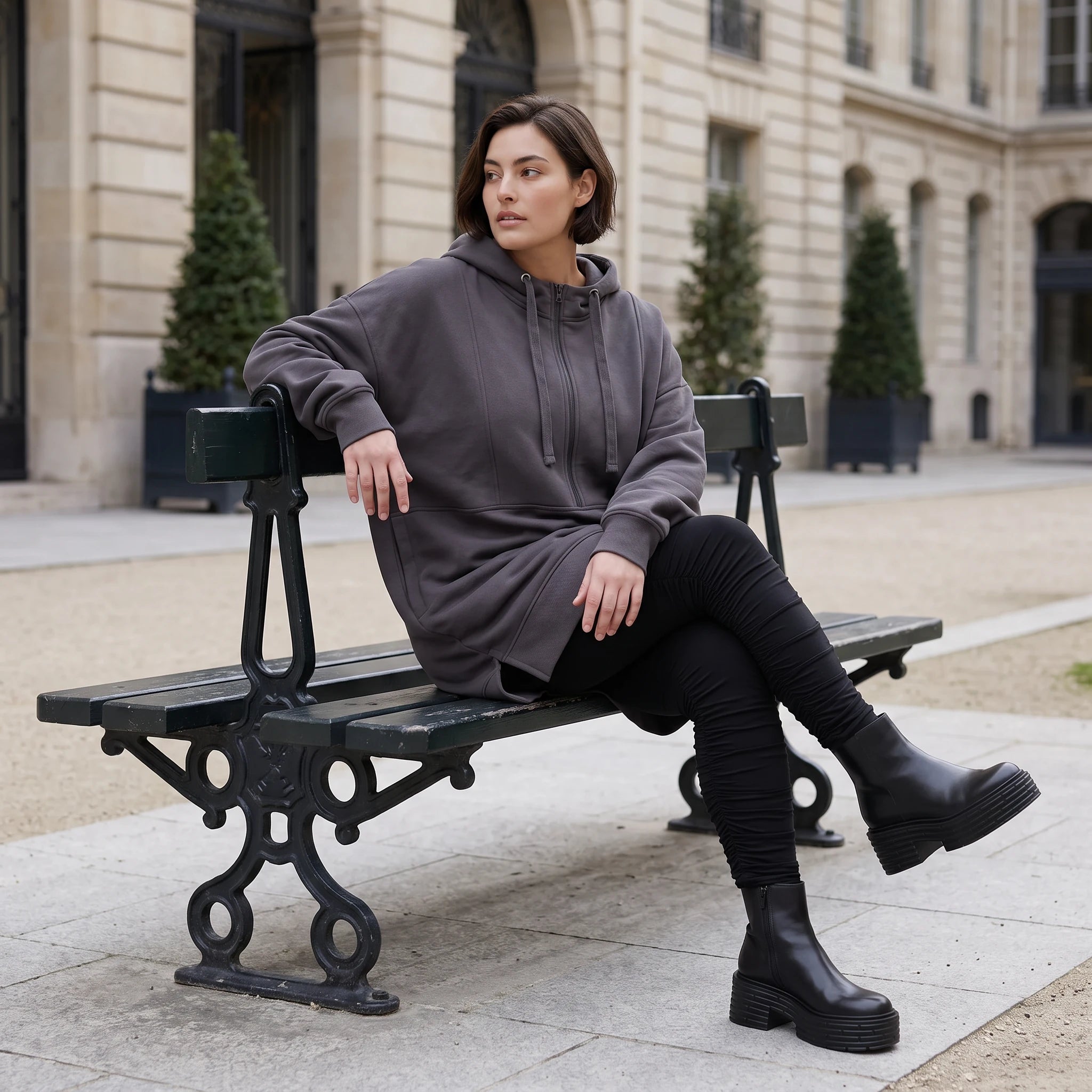 Damen Hoody Avantgarde Baumwolle Anthrazit, gerader Schnitt, Kapuze, Oversize große Größen – Rafay